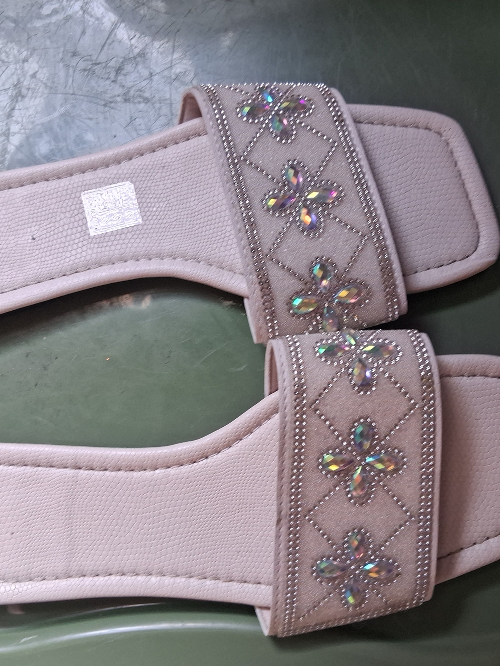 Embellished Beige Slide Sandals with Crystal Flowers - Picture 2 of 3